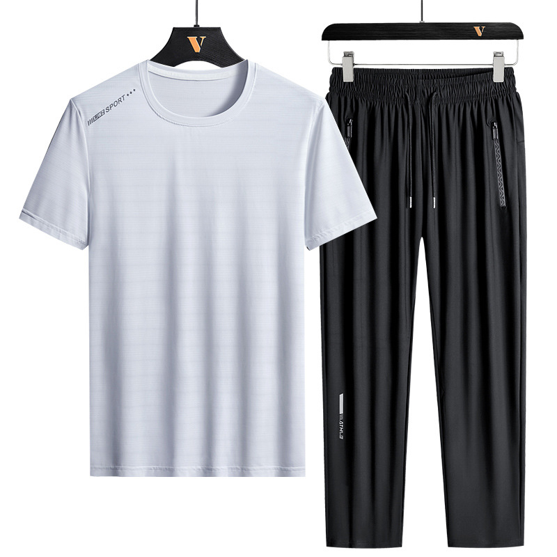 Traje de seda helada L-8X para hombre, conjunto deportivo de verano de manga corta, talla grande, holgado, de secado rápido, conjunto casual de dos piezas para hombre