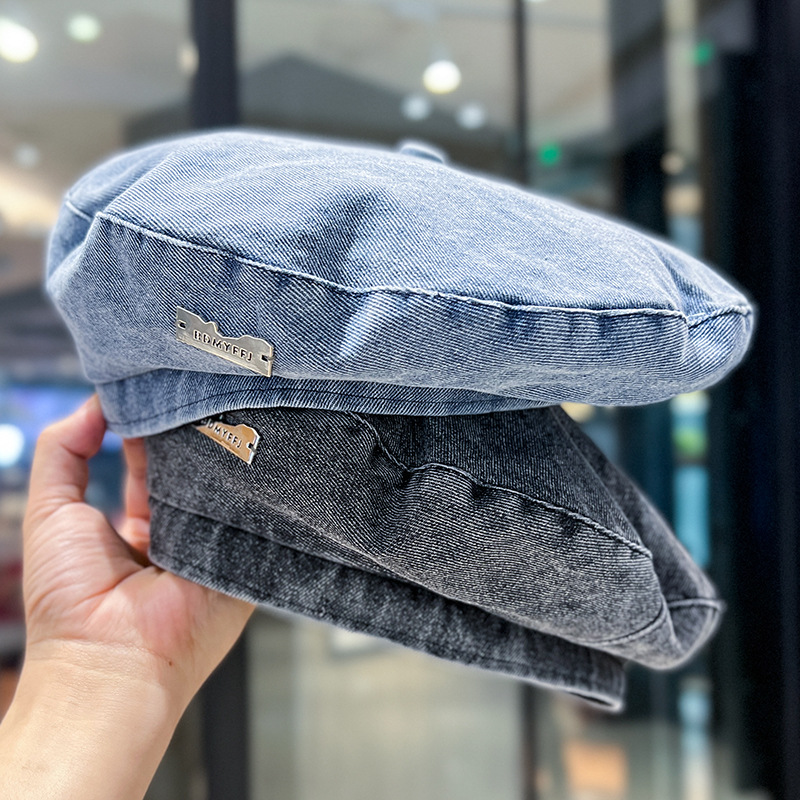 Damen Baskenmütze Im Vintage-stil Aus Gewaschenem Denim_voghion.com