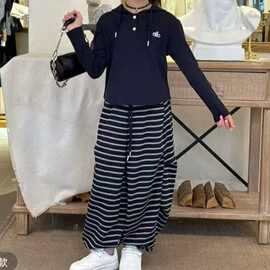 女童春秋套装2025韩国新款洋气时髦中大童条纹长裤女孩连帽两件套