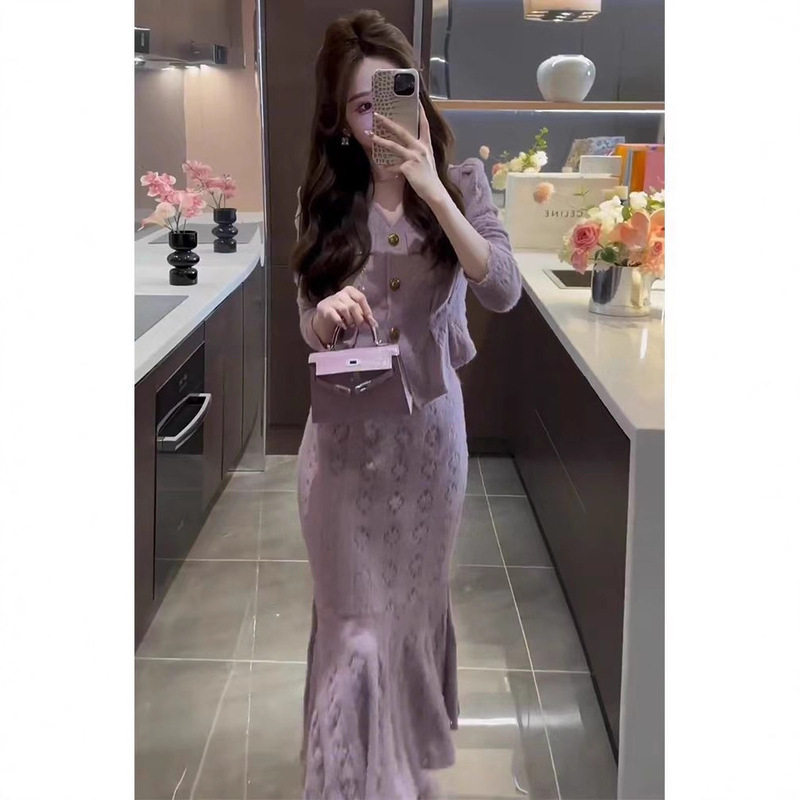 Autumn and Winter French Gentle Style Classy Exquisite Elegant Goddess Style Classy Purple Knitted Sweater Dress Suit