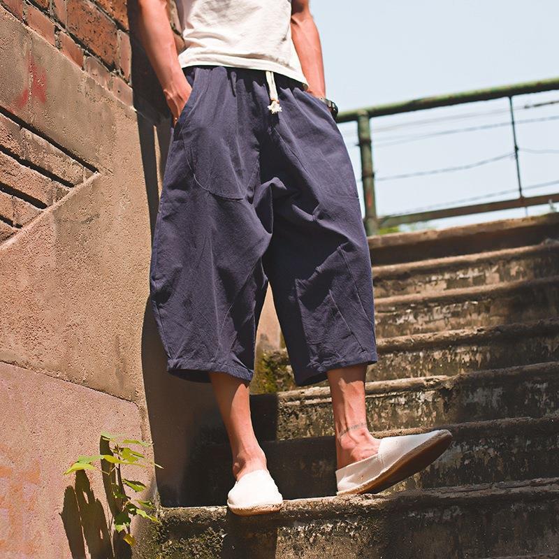 Pantalón ancho de elefante tailandés, bombachos, marca de moda para hombre, pantalones cortos de lino sueltos de gran tamaño, pantalones cortos, entrepierna grande, pantalones de playa, verano