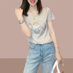 刺繍ホットダイヤモンド豚鼻半袖 Tシャツレディース 2025 夏新作右肩ラウンドネック万能 Tシャツトップ