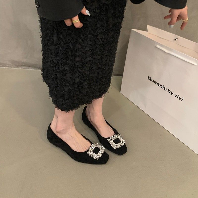平底银色高级感方头通勤豆豆鞋年春秋新款黑色水钻单鞋女鞋子|undefined
