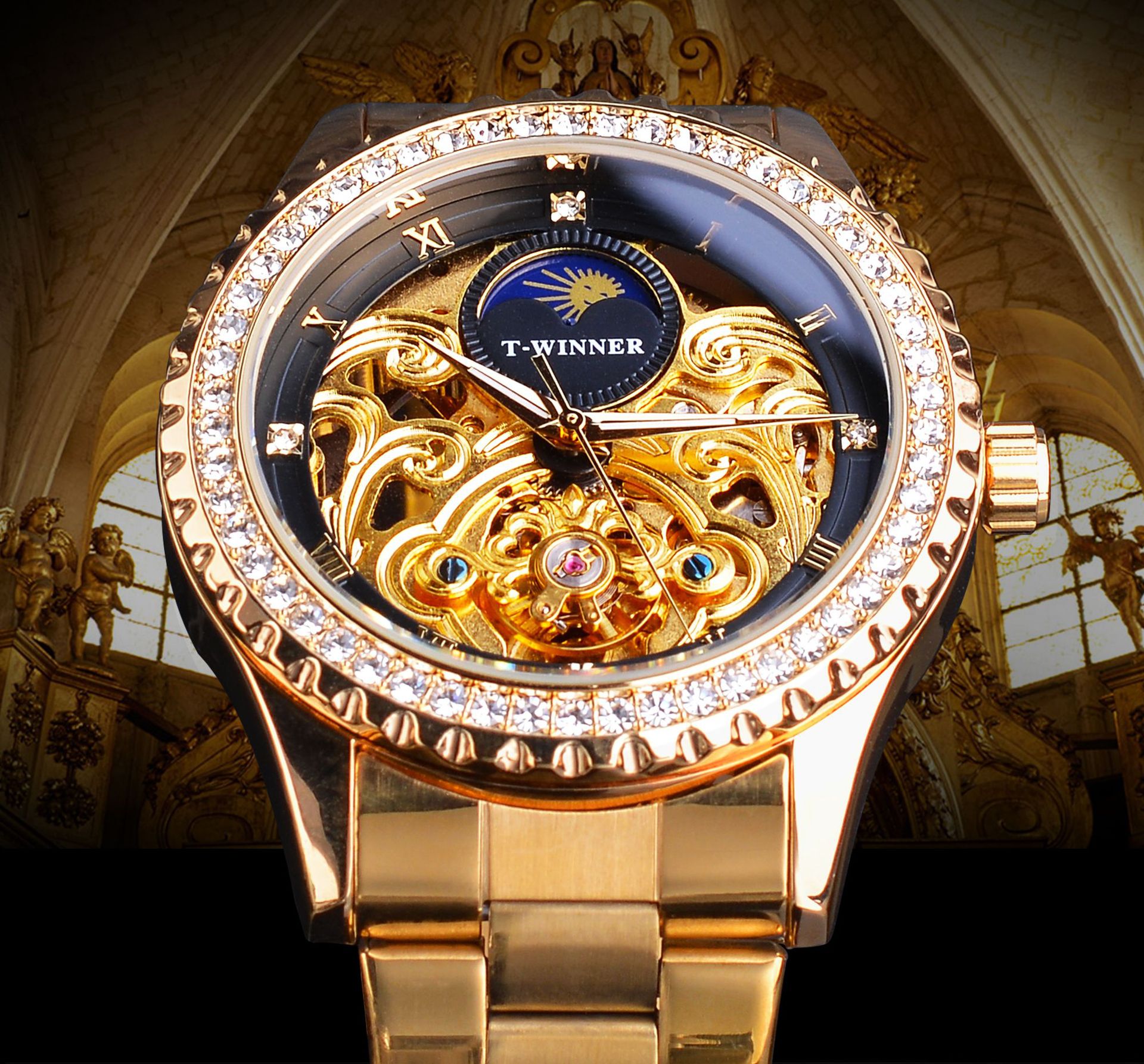 Nuevo ganador europeo y americano estilo Sol rueda hombres moda hueco retro rhinestone reloj automático reloj mecánico