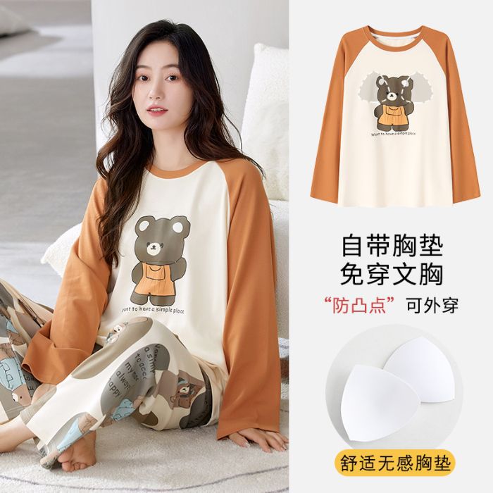 Al por mayor transfronterizo otoño y invierno con cojín de pecho pijama damas pull-frame de dibujos animados de algodón chaqueta manga larga pantalones largos set de ropa para el hogar