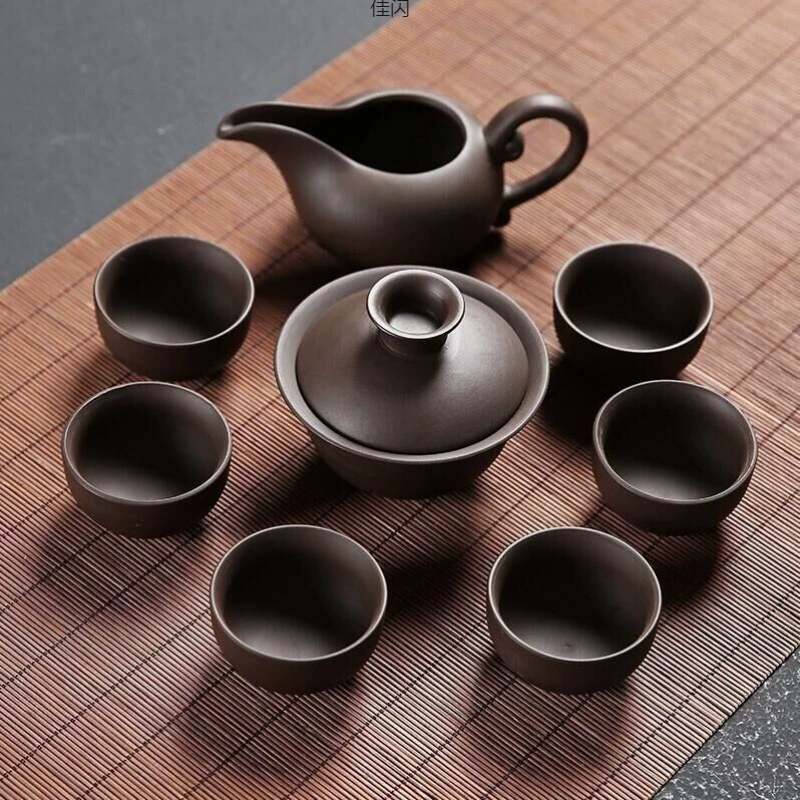 Полный набор керамического чайного сервиза из фиолетового песка Исян для кунг-фу чая, включая поднос, чашки, крышки и чашу.  Amazon.