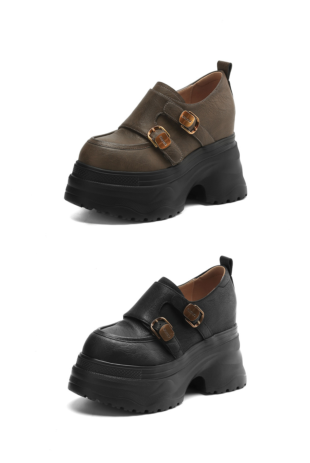 Giày loafer nữ đế xuồng cao 12 cm, miệng sâu cổ điển, khóa thắt lưng — Màu đen, Màu đen kaki chi tiết 23