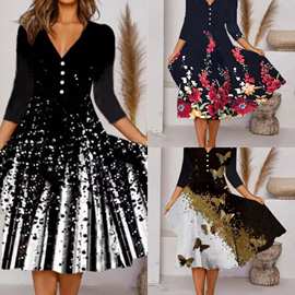 跨境女装新款 速卖通亚马逊个性多色定位印花钮扣V领七分袖连衣裙