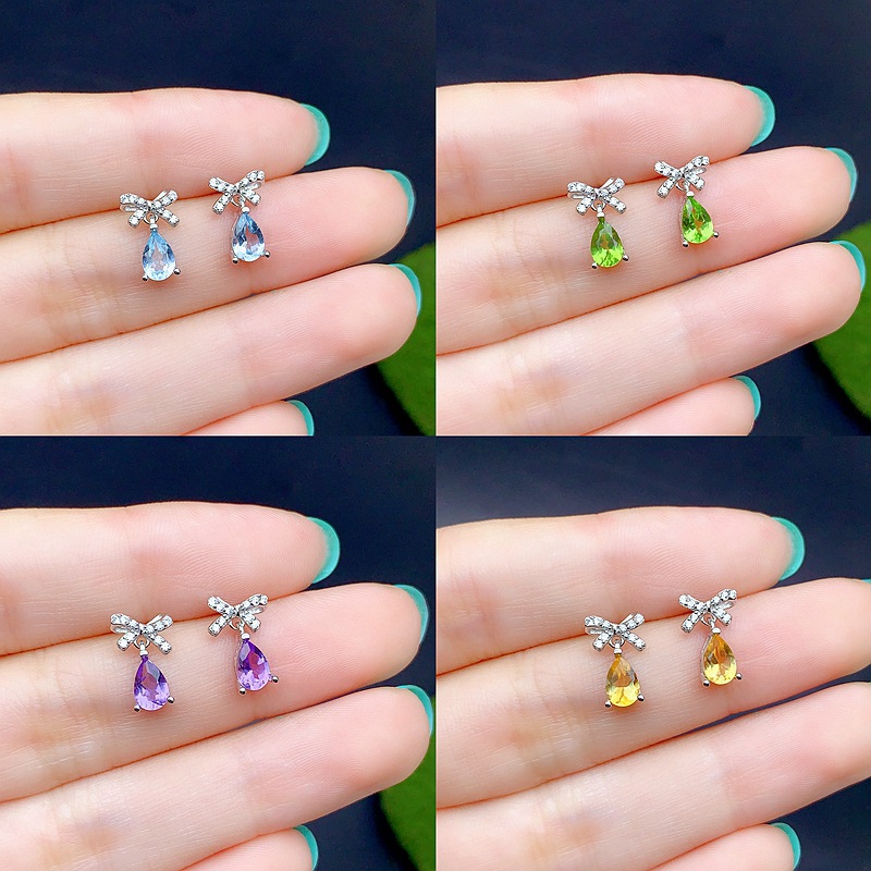 New S925 Sterling Silver Water Drop Earrings Inlaid with Natural Topaz, Diopside, and Other Colored Gemstones in a Fresh Bowknot Design