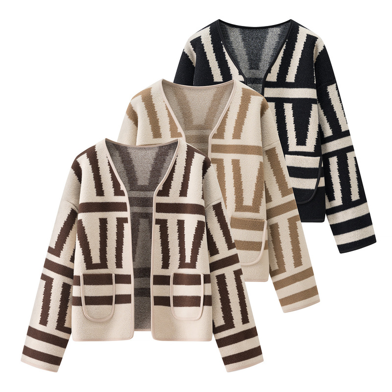 00Hm-2955 Retro Contrast Color Short Cardigan 2025 Autumn New French Style Buttonless Loose Tops Top 00Hm-2955 Retro Contrast Color Short Cardigan 2025 Autumn New French Style Buttonless Loose Tops Top