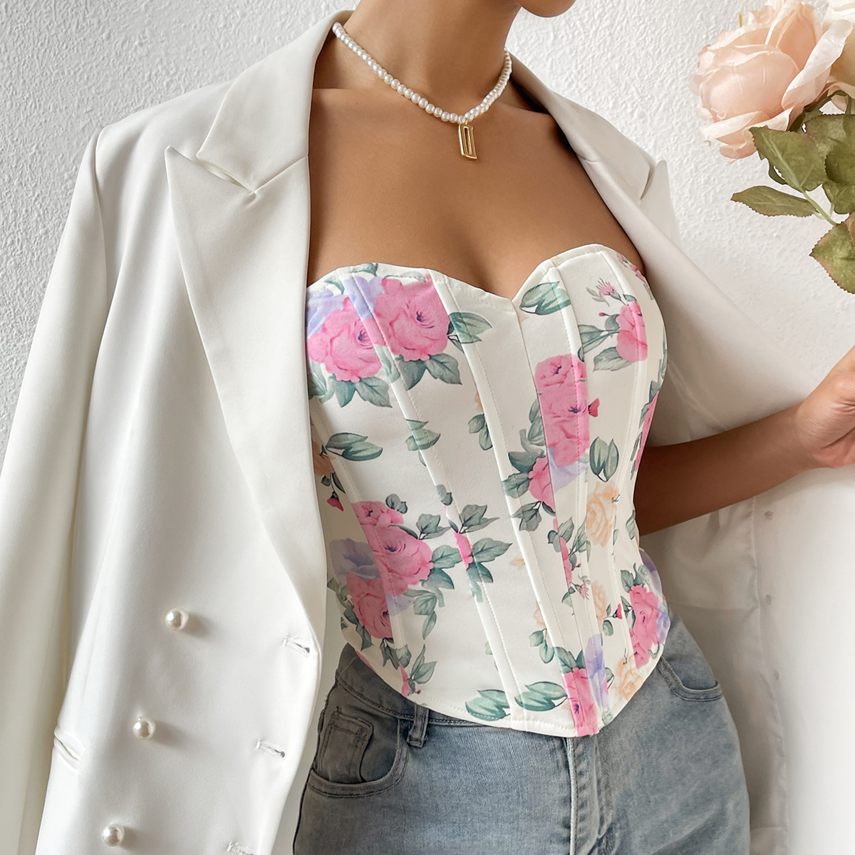 Low Cut Backless Floral Wrapped Chest Rhombus Boning Corset Top in T-shirts & Tops