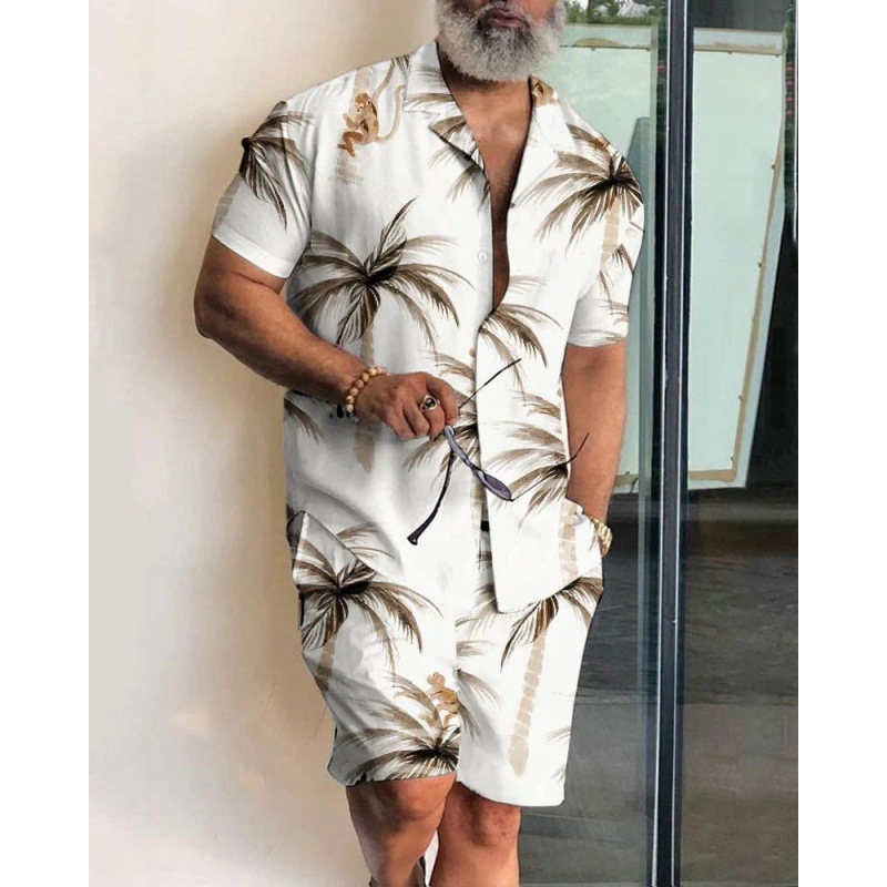 아마존 크로스 국경 남성 여름 해변 스타일 느슨한 셔츠 하와이 캐주얼 세트 남성 인쇄 2 피스 세트