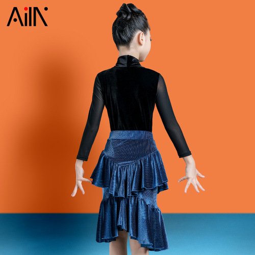 Girls black wine blue velvet latin dresses children's Latin dance skirt children practice performance dance clothes