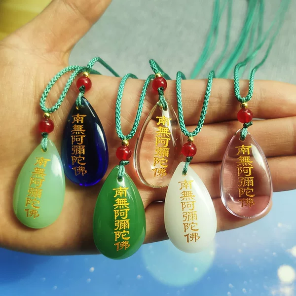 Glass water drop-shaped Namo Amitabha pendant, temple gift, unisex water drop necklace