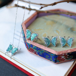 Natural jadeite A goods blue water material high-grade earrings necklace jewelry 925 silver ring butterfly jewelry suit