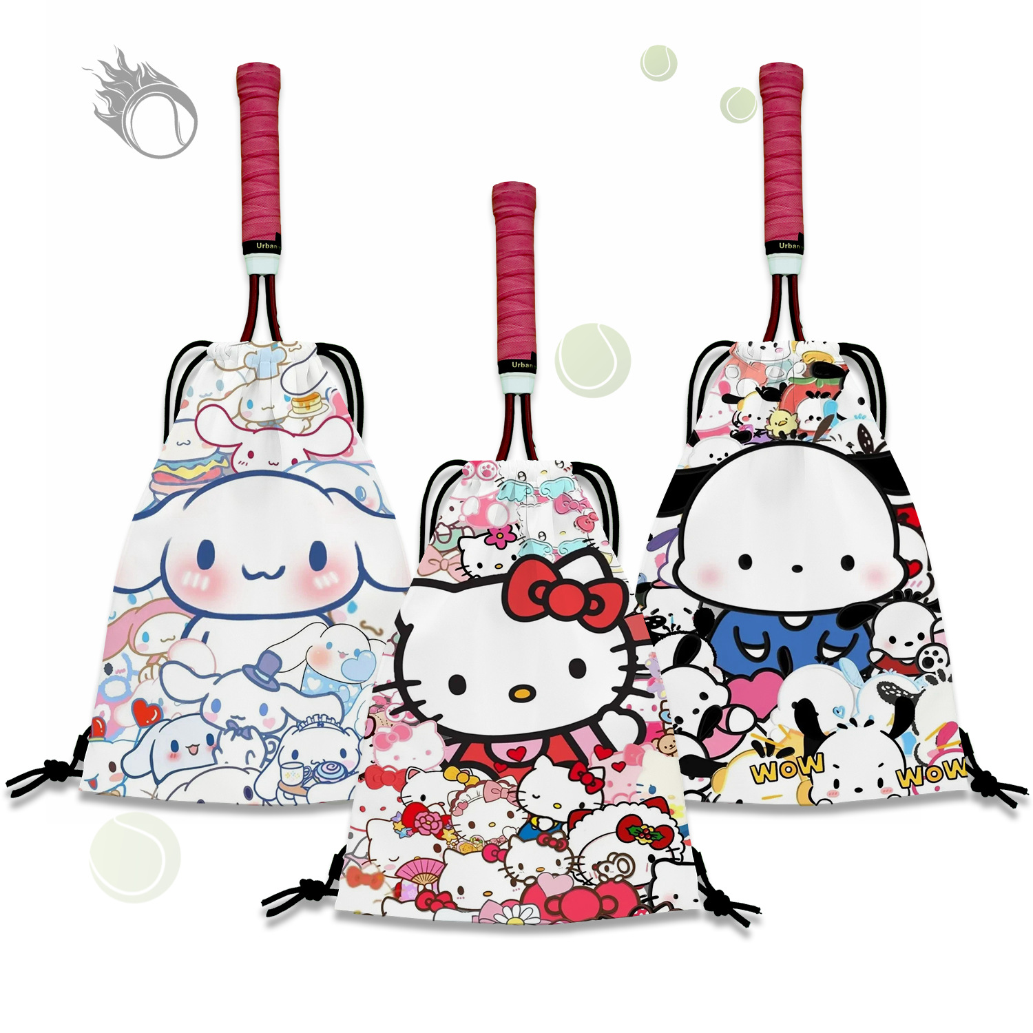 Full-Screen Cartoon Tennis Backpack Drawstring Tennis Racket Bag Large Capacity Portable Tennis Racket Storage Bag Tennis Bag
