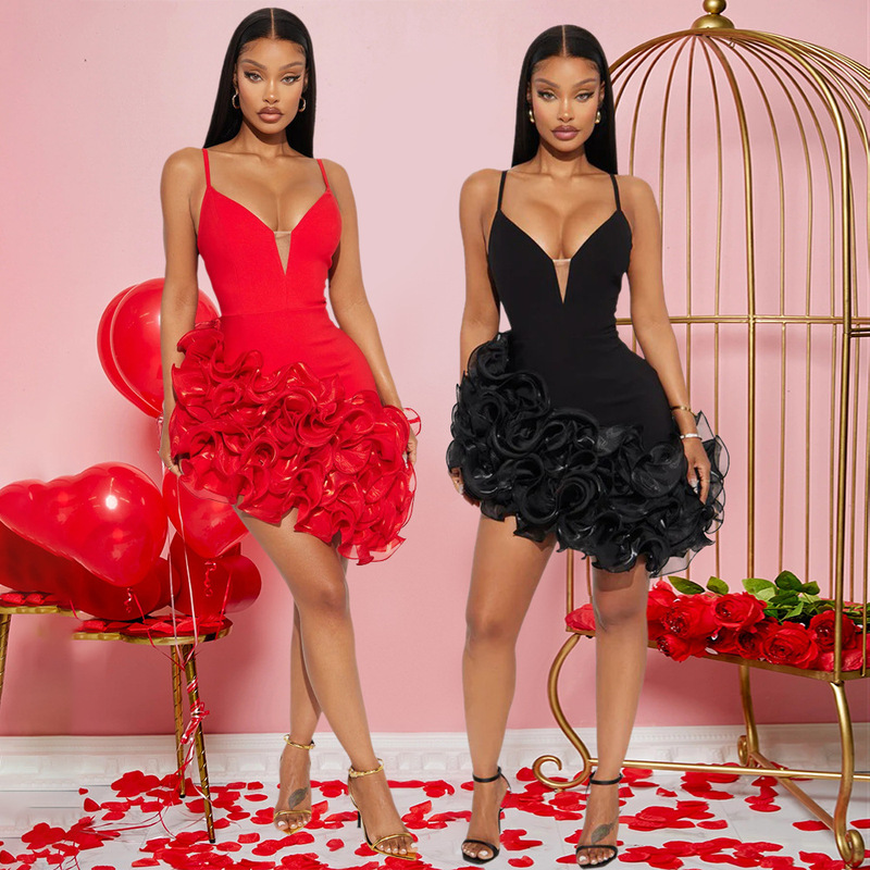 CY901550 European and American Cross-border New Fashion Sexy Sling Solid Color Lotus Leaf Lace Irregular dress Skirt CY901550 European and American Cross-border New Fashion Sexy Sling Solid Color Lotus Leaf Lace Irregular dress Skirt