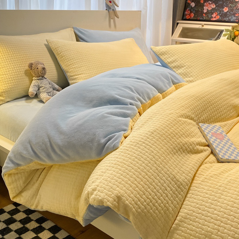 厚いワッフルミルクの毛の4つのセットの3dの立体の彫刻の冬の宝の宝の毛の3つのセットのシーツのベッドの笠の金