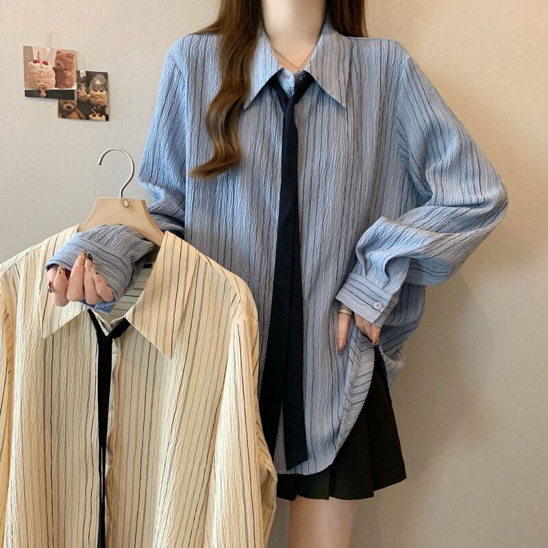 Professional Tie Long-Sleeve Striped Shirt for Women, Spring/Summer 2026, Plus Size, Elegant and Stylish Polo Collar Top Professional Tie Long-Sleeve Striped Shirt for Women, Spring/Summer 2026, Plus Size, Elegant and Stylish Polo Collar Top