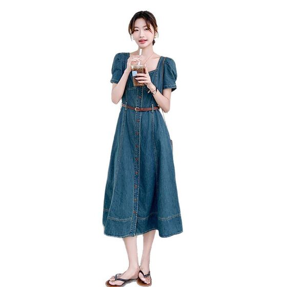 Hong Kong Style Vintage Denim dress 2024 New Women's Summer Thin Chic Fashion Tight Waist Slimming Skirt