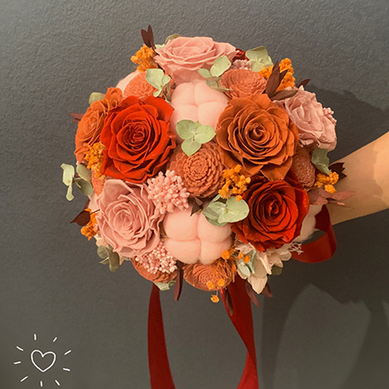 Ramo de Rosas Preservadas Color Naranja, Ramo de Mano para Propuesta de Matrimonio, Regalo para Novia, Dama de Honor, Regalo de Flores Reales al por Mayor