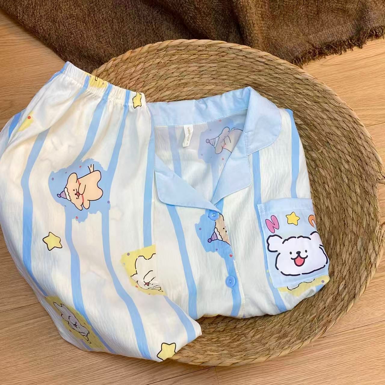 Al por mayor transfronterizo explosión con cojín de pecho primavera y otoño dulce nubes algodón pantalones de manga larga pijamas de niñas estudiantes set de ropa para el hogar