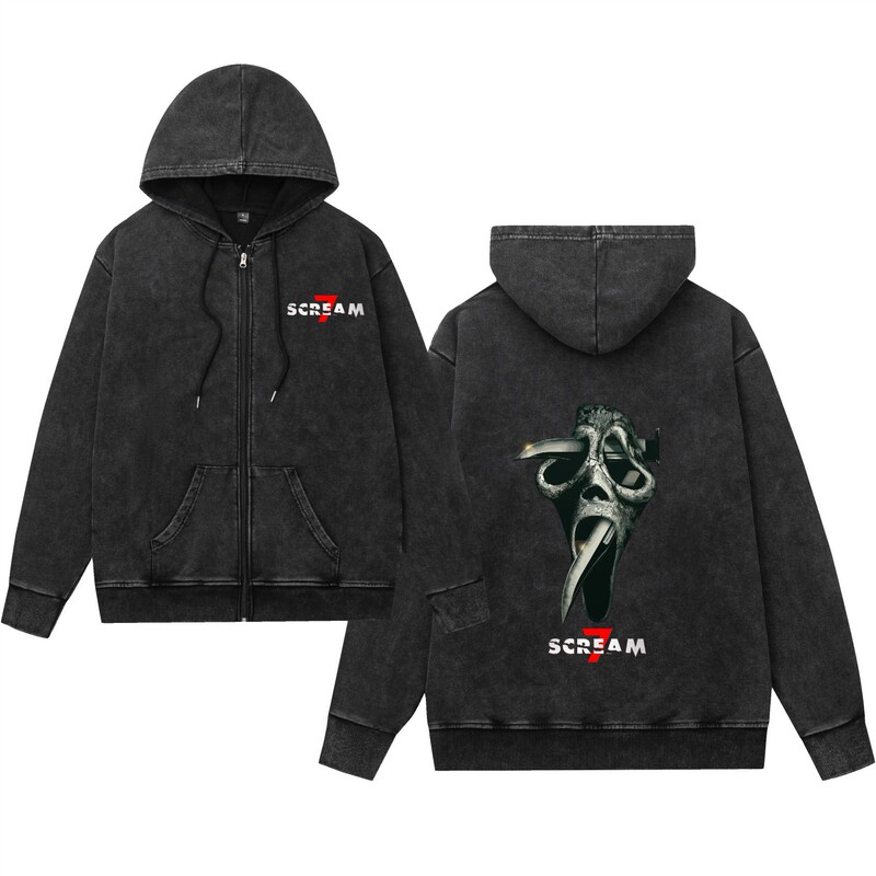 Washed Vintage Zipper Hoodie with Hood Scream Ghostface Scream Male and Female Youth Campus Style Washed Vintage Zipper Hoodie with Hood Scream Ghostface Scream Male and Female Youth Campus Style
