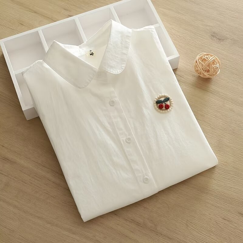 White lapel shirt women's long sleeve 2024 early spring embroidered all-match Japanese cotton shirt Women's bottoming shirt top