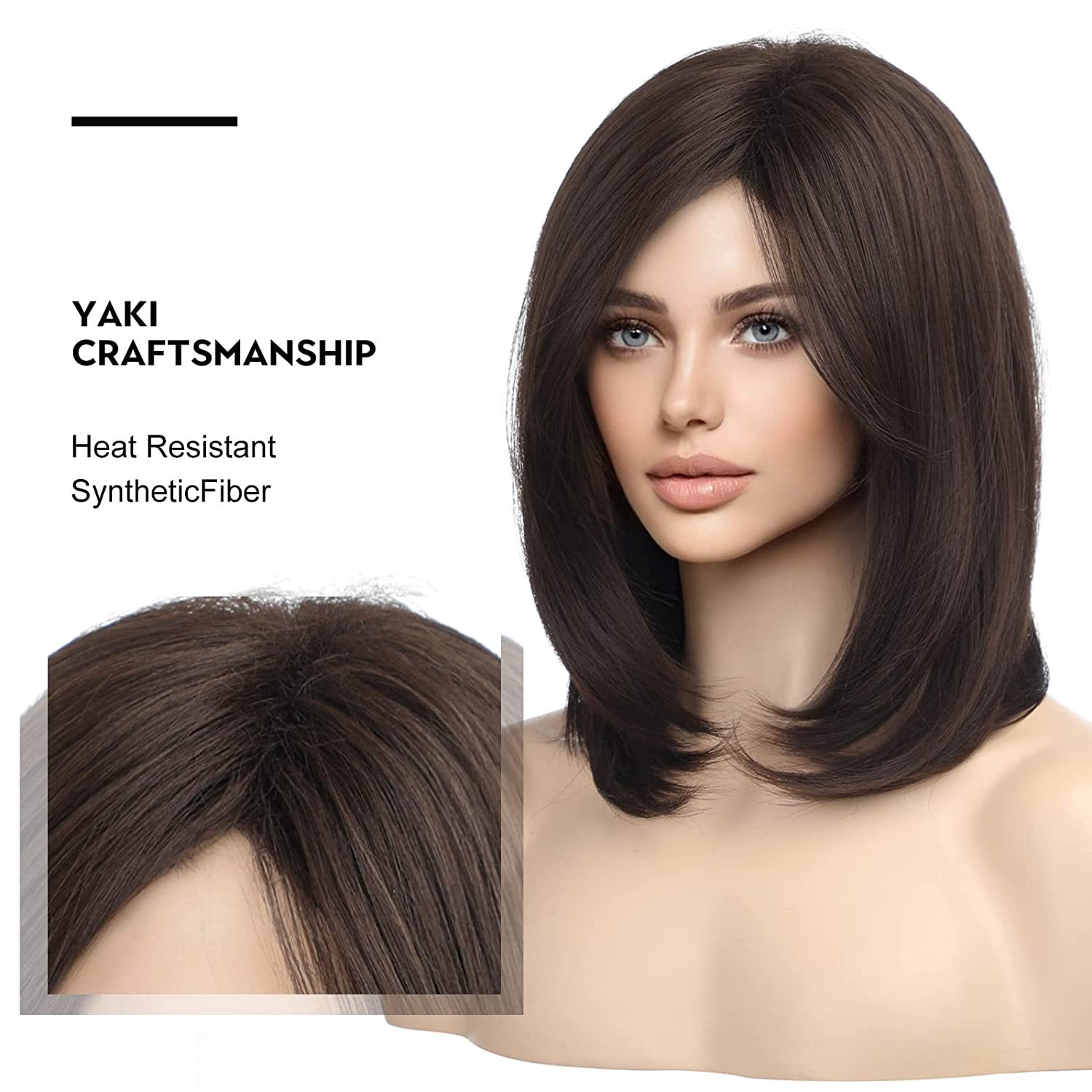 Synthetische Perücke, dunkelbraun, achteckiger Pony, synthetische Faser, Hochtemperatur-Filament, langes, gerades Perückenstirnband_voghion.com