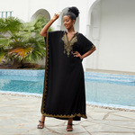 沙滩罩衫人棉绣花度假长袍立领连衣裙跨境亚马逊23001（5色）L