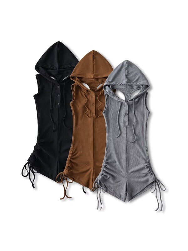 2023 Autumn New Hooded Sleeveless Drawstring Pleated Backless Solid Color One-Piece Shorts Wholesale