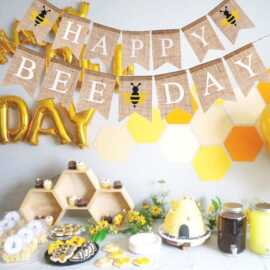 跨境专供 Happy Bee Day 蜜蜂麻布拉旗 生日派对装饰 亚马逊热卖