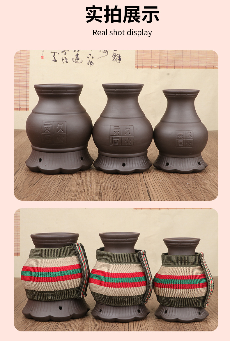 Bian Stone Moxibustion Jar Handheld Warming Gua Sha Tool Purple Clay Fire Dragon Cup for Clinic Use specifications