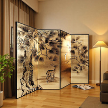 中式折叠移动金箔屏风客厅隔断办公室简约手绘漆画苍松茶室背景墙