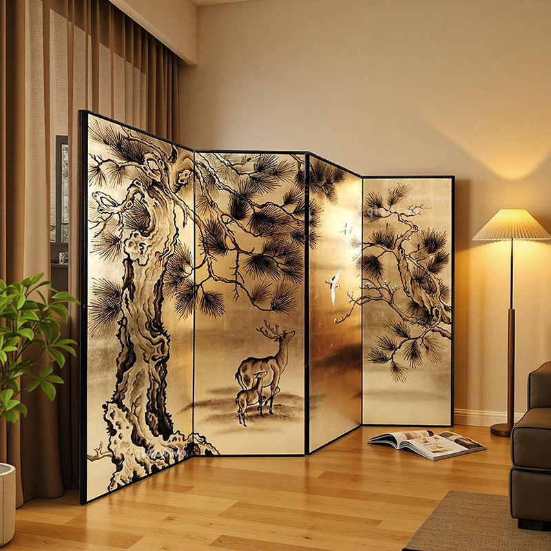 中式折叠移动金箔屏风客厅隔断办公室简约手绘漆画苍松茶室背景墙