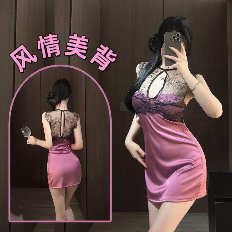 Lace Cheongsam-Style Lingerie Set with Sheer Mesh and Push-Up Pads, Black with Connected Stockings — detail image 1
