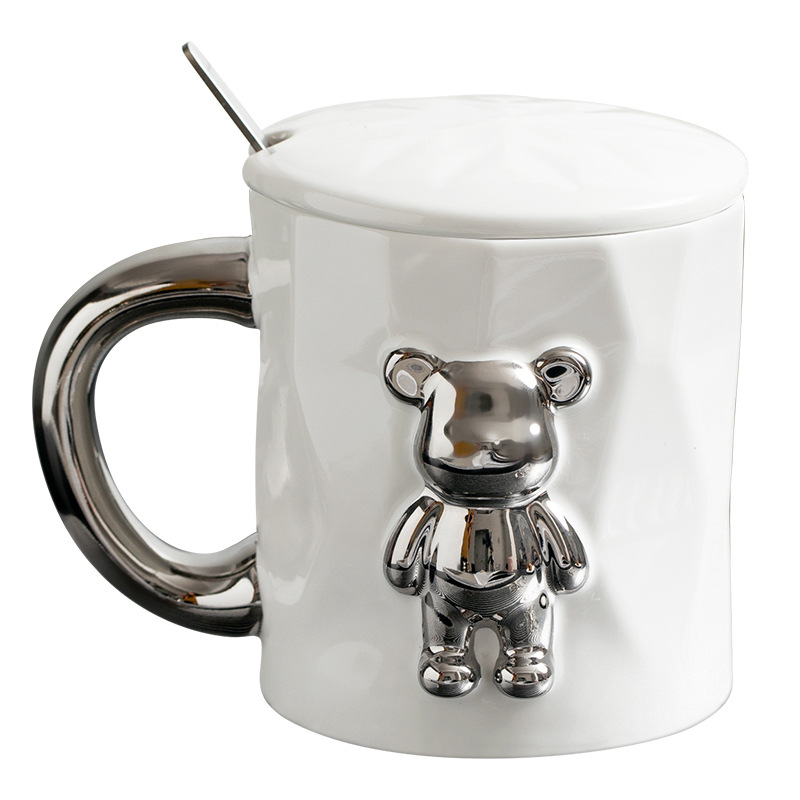 Oso tridimensional ins estilo Taza de cerámica con tapa cuchara personalidad tendencia Internet celebridad chica Oficina beber taza de té