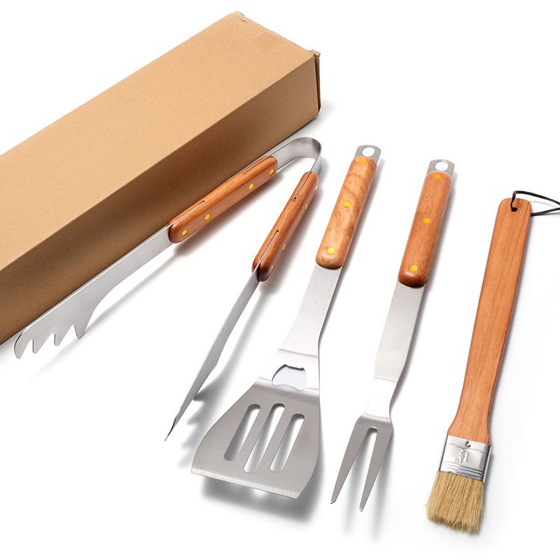 Набор инструментов для барбекю Amazon BBQ с ручками из массива каучукового дерева, в коробке из крафт-бумаги, 4 предмета, для использования на открытом воздухе