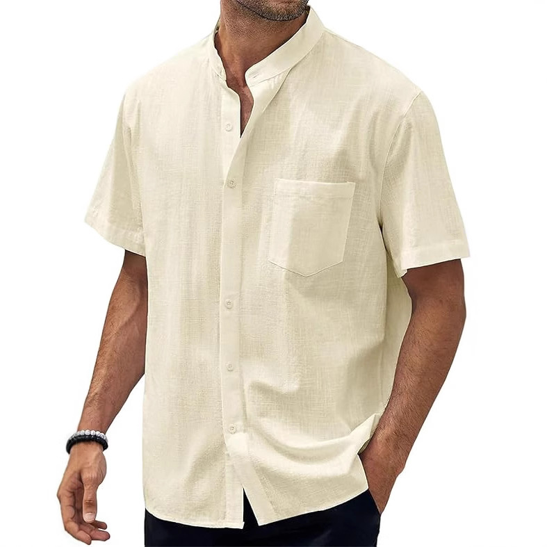 Summer Men's Cross-Border Shirt Solid Color Commuter Short-Sleeved Left Patch Pocket Daily Casual Henry Collar Cardigan Fit Shirt