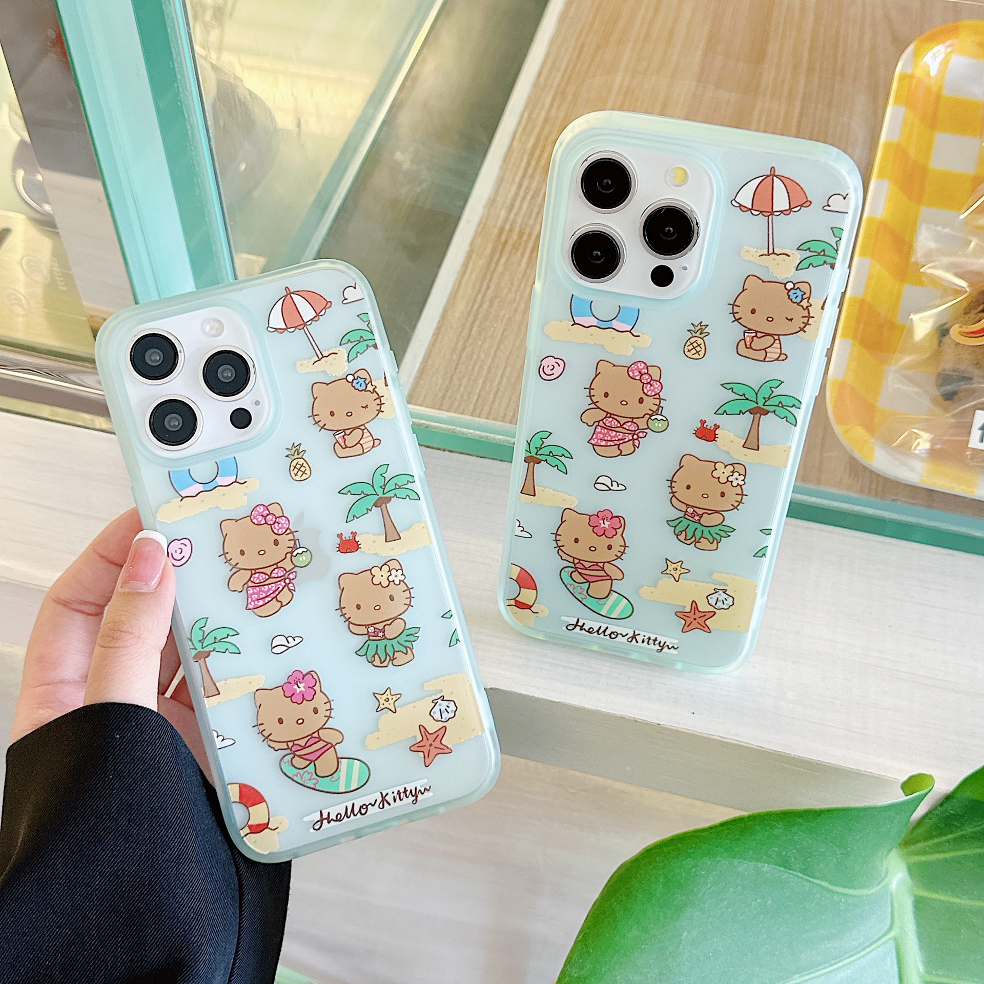 Verano fresco cuero negro KT gato para Apple 16ProMax funda para teléfono móvil 15Pro Coconut 14 pareja 15PM