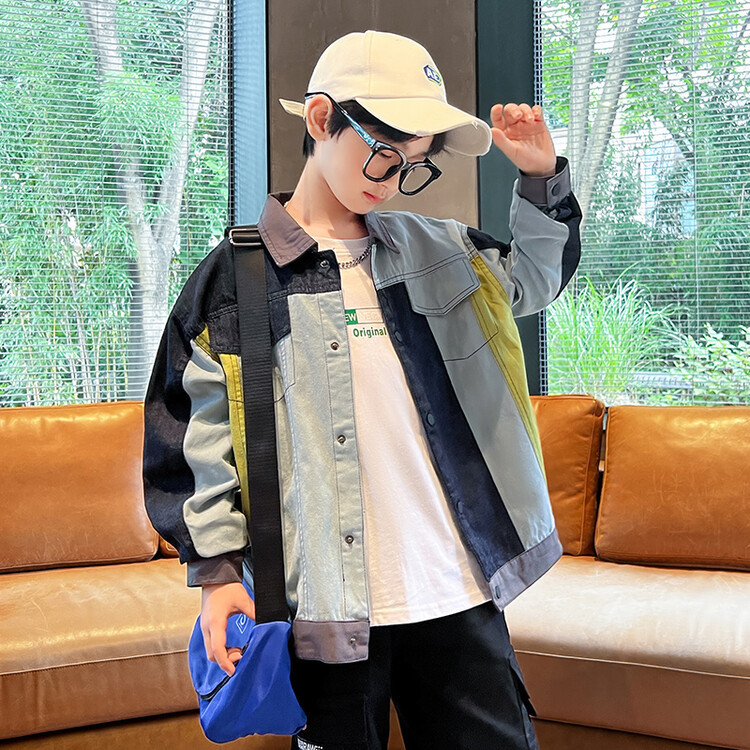 Men's Spring and Autumn Season Jacket New Children's Clothing for Big Kids, Patchwork Denim Jacket, Trendy Boy's Top