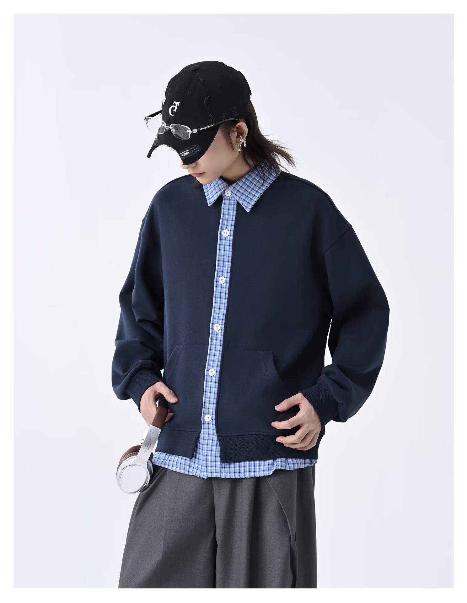 Men's Cardigan Sweatshirt Retro Checkered Patchwork Lazy Style_voghion.com