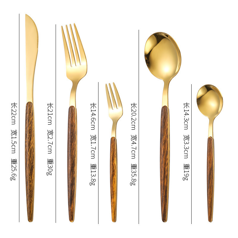 Cuchillo de acero inoxidable y tenedor cuchara Internet celebridad grano de madera cuchara portuguesa tenedor cuchillo de carne occidental y tenedor postre cuchara pequeña Tenedor de fruta al por mayor