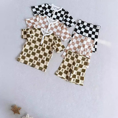 春夏嬰幼兒時尚竹纖維印花家居外穿套裝歐美棋盤格兒童休閒兩件套