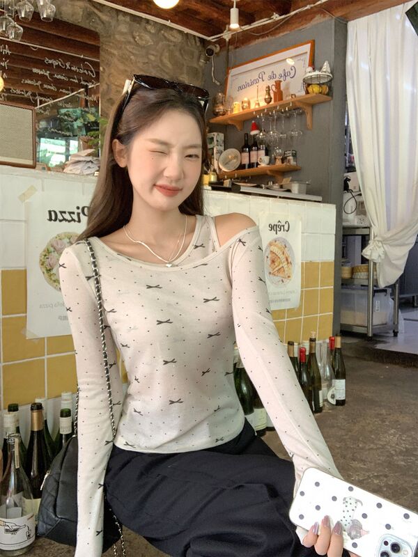 秋装假两件蝴蝶结波点印花设计感内搭长袖T恤女2025修身内搭上衣|undefined