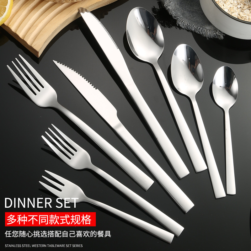 Cross-border 410 stainless steel tableware Western-style square handle knife and fork spoon suit thickened hotel restaurant steak knife and fork Cross-border 410 stainless steel tableware Western-style square handle knife and fork spoon suit thickened hotel restaurant steak knife and fork