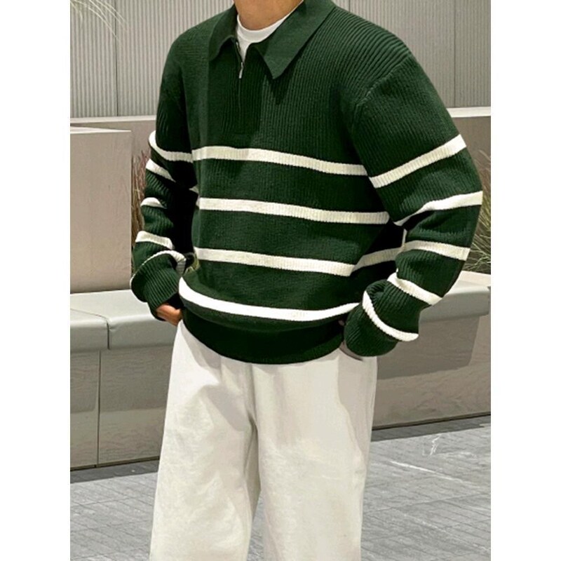 Half-Zip Striped Sweater for Men, Autumn and Winter, High-End Loose Casual Lazy Style, Cool and Stylish, Thick Knitwear