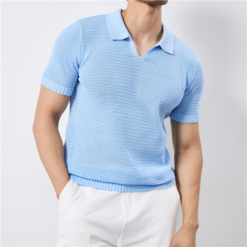 New Ice Silk Thin Lapel Short-Sleeved T-Shirt Men's Cut Out Stereo Knitted Exquisite V Neck Polo Shirt T8987-563 New Ice Silk Thin Lapel Short-Sleeved T-Shirt Men's Cut Out Stereo Knitted Exquisite V Neck Polo Shirt T8987-563