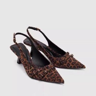 Leopard print high heels women's 2025 new back trip with pointed sandals back empty kitten with buckle temperament shoes