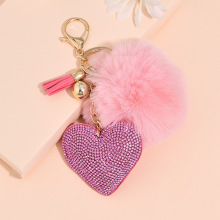 跨境欧美时尚秋冬毛绒爱心烫钻流苏钥匙扣女士包包挂件汽车挂饰